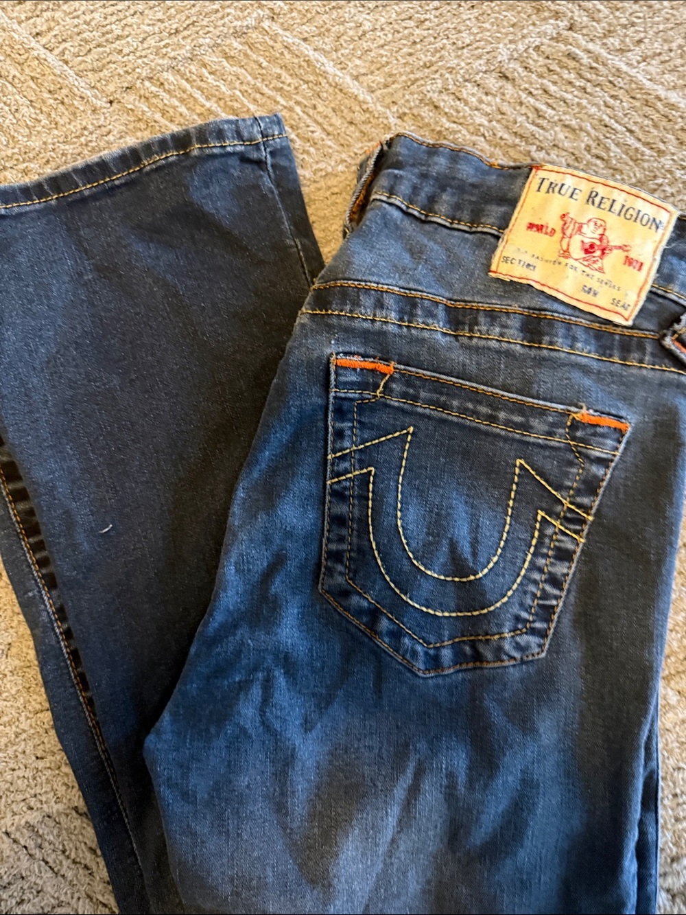 True Religion Blue Denim Jeans with Yellow Stitching and Orange Accents - Picture 5 of 7